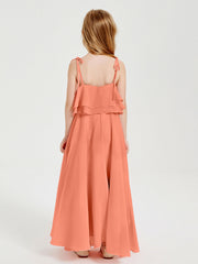 Abiti Damigella Junior Lunghi In Chiffon Spalline Sottili Con Fiocco Tramonto