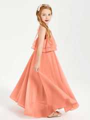 Abiti Damigella Junior Lunghi In Chiffon Spalline Sottili Con Fiocco Tramonto