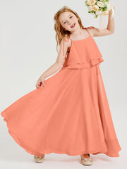 Abiti Damigella Junior Lunghi In Chiffon Spalline Sottili Con Fiocco Tramonto
