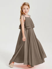 Abiti Damigella Junior Lunghi In Chiffon Spalline Sottili Con Fiocco Tortora