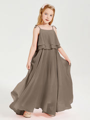 Abiti Damigella Junior Lunghi In Chiffon Spalline Sottili Con Fiocco Tortora