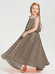Abiti Damigella Junior Lunghi In Chiffon Spalline Sottili Con Fiocco Tortora