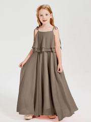 Abiti Damigella Junior Lunghi In Chiffon Spalline Sottili Con Fiocco Tortora