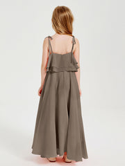 Abiti Damigella Junior Lunghi In Chiffon Spalline Sottili Con Fiocco Tortora