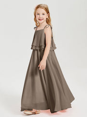Abiti Damigella Junior Lunghi In Chiffon Spalline Sottili Con Fiocco Tortora