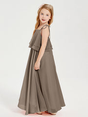 Abiti Damigella Junior Lunghi In Chiffon Spalline Sottili Con Fiocco Tortora