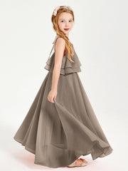 Abiti Damigella Junior Lunghi In Chiffon Spalline Sottili Con Fiocco Tortora