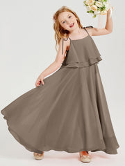 Abiti Damigella Junior Lunghi In Chiffon Spalline Sottili Con Fiocco Tortora