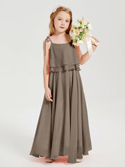 Abiti Damigella Junior Lunghi In Chiffon Spalline Sottili Con Fiocco Tortora