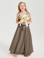 Abiti Damigella Junior Lunghi In Chiffon Spalline Sottili Con Fiocco Tortora