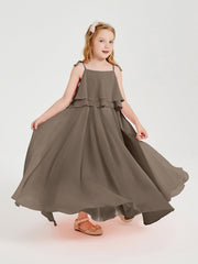 Abiti Damigella Junior Lunghi In Chiffon Spalline Sottili Con Fiocco Tortora