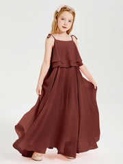 Abiti Damigella Junior Lunghi In Chiffon Spalline Sottili Con Fiocco Terracotta