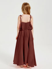 Abiti Damigella Junior Lunghi In Chiffon Spalline Sottili Con Fiocco Terracotta