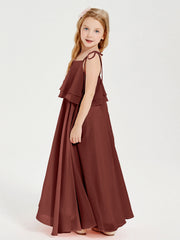 Abiti Damigella Junior Lunghi In Chiffon Spalline Sottili Con Fiocco Terracotta