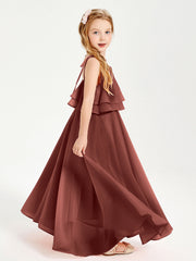Abiti Damigella Junior Lunghi In Chiffon Spalline Sottili Con Fiocco Terracotta
