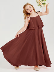 Abiti Damigella Junior Lunghi In Chiffon Spalline Sottili Con Fiocco Terracotta