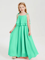 Abiti Damigella Junior Lunghi In Chiffon Spalline Sottili Con Fiocco Turchese