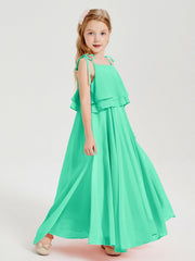 Abiti Damigella Junior Lunghi In Chiffon Spalline Sottili Con Fiocco Turchese