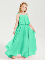 Abiti Damigella Junior Lunghi In Chiffon Spalline Sottili Con Fiocco Turchese