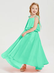 Abiti Damigella Junior Lunghi In Chiffon Spalline Sottili Con Fiocco Turchese