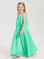Abiti Damigella Junior Lunghi In Chiffon Spalline Sottili Con Fiocco Turchese