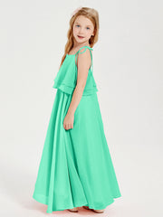 Abiti Damigella Junior Lunghi In Chiffon Spalline Sottili Con Fiocco Turchese