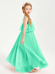 Abiti Damigella Junior Lunghi In Chiffon Spalline Sottili Con Fiocco Turchese