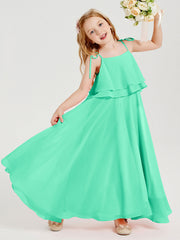 Abiti Damigella Junior Lunghi In Chiffon Spalline Sottili Con Fiocco Turchese