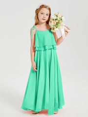 Abiti Damigella Junior Lunghi In Chiffon Spalline Sottili Con Fiocco Turchese