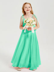Abiti Damigella Junior Lunghi In Chiffon Spalline Sottili Con Fiocco Turchese