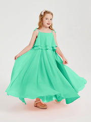 Abiti Damigella Junior Lunghi In Chiffon Spalline Sottili Con Fiocco Turchese