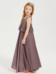 Abiti Damigella Junior Lunghi In Chiffon Spalline Sottili Con Fiocco Malva Vintage