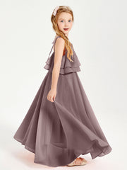 Abiti Damigella Junior Lunghi In Chiffon Spalline Sottili Con Fiocco Malva Vintage