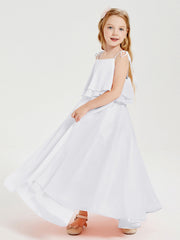 Abiti Damigella Junior Lunghi In Chiffon Spalline Sottili Con Fiocco Bianco