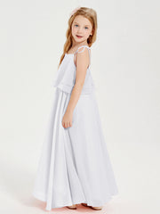 Abiti Damigella Junior Lunghi In Chiffon Spalline Sottili Con Fiocco Bianco
