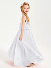 Abiti Damigella Junior Lunghi In Chiffon Spalline Sottili Con Fiocco Bianco