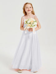 Abiti Damigella Junior Lunghi In Chiffon Spalline Sottili Con Fiocco Bianco