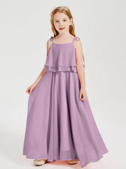 Abiti Damigella Junior Lunghi In Chiffon Spalline Sottili Con Fiocco Glicine