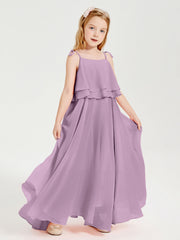 Abiti Damigella Junior Lunghi In Chiffon Spalline Sottili Con Fiocco Glicine