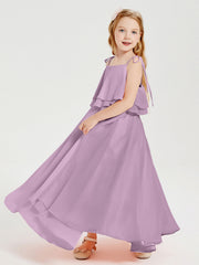 Abiti Damigella Junior Lunghi In Chiffon Spalline Sottili Con Fiocco Glicine