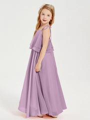 Abiti Damigella Junior Lunghi In Chiffon Spalline Sottili Con Fiocco Glicine