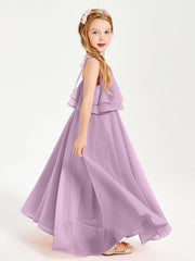 Abiti Damigella Junior Lunghi In Chiffon Spalline Sottili Con Fiocco Glicine