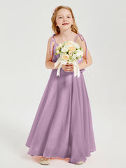 Abiti Damigella Junior Lunghi In Chiffon Spalline Sottili Con Fiocco Glicine