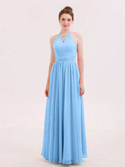 Abito Lungo da Damigella in Chiffon Scollo all'Americana Blu