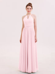 Abito Lungo da Damigella in Chiffon Scollo all'Americana Rosa Cipria
