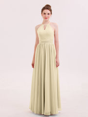 Abito Lungo da Damigella in Chiffon Scollo all'Americana Champagne