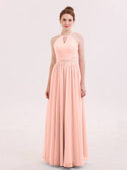 Abito Lungo da Damigella in Chiffon Scollo all'Americana Corallo