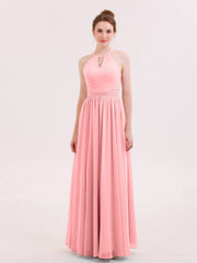 Abito Lungo da Damigella in Chiffon Scollo all'Americana Fenicottero