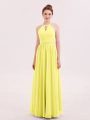Abito Lungo da Damigella in Chiffon Scollo all'Americana Limone