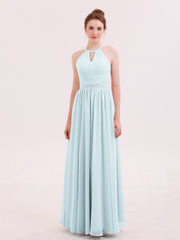 Abito Lungo da Damigella in Chiffon Scollo all'Americana Nebbia
